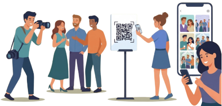 Guests scanning QR code to receive wedding photos instantly