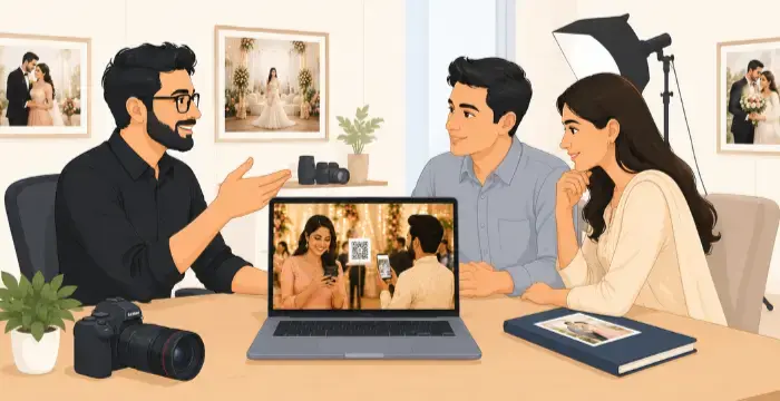 Photographer recommending AI photo sharing to client