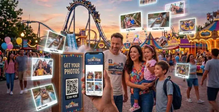 Family using QR code photo sharing to instantly access ride photos at a theme park with roller coaster and professional event photography.