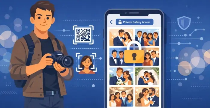Photographer sharing private event photos via secure gallery with QR code and AI face recognition