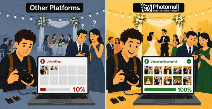 Photographer comparing slow photo uploads on other platforms versus fast uploads with Photomall.