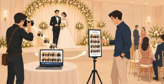 Live photo display stand for weddings and events