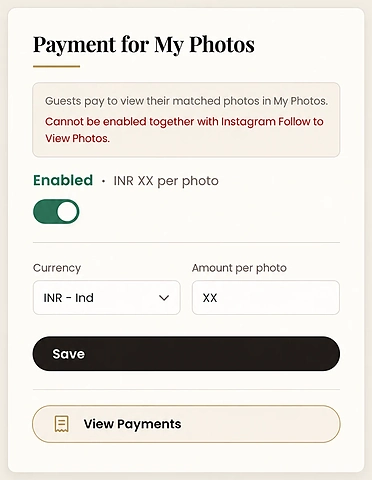 Photo Selling setup in event settings with the price per photo