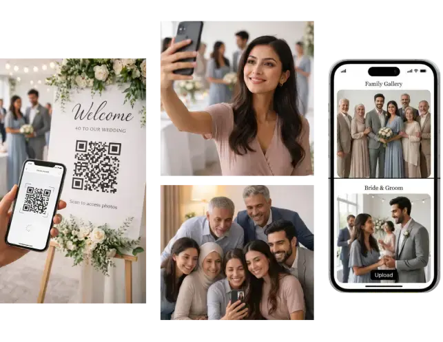 Wedding welcome sign with QR code for guests to scan and access shared photo gallery